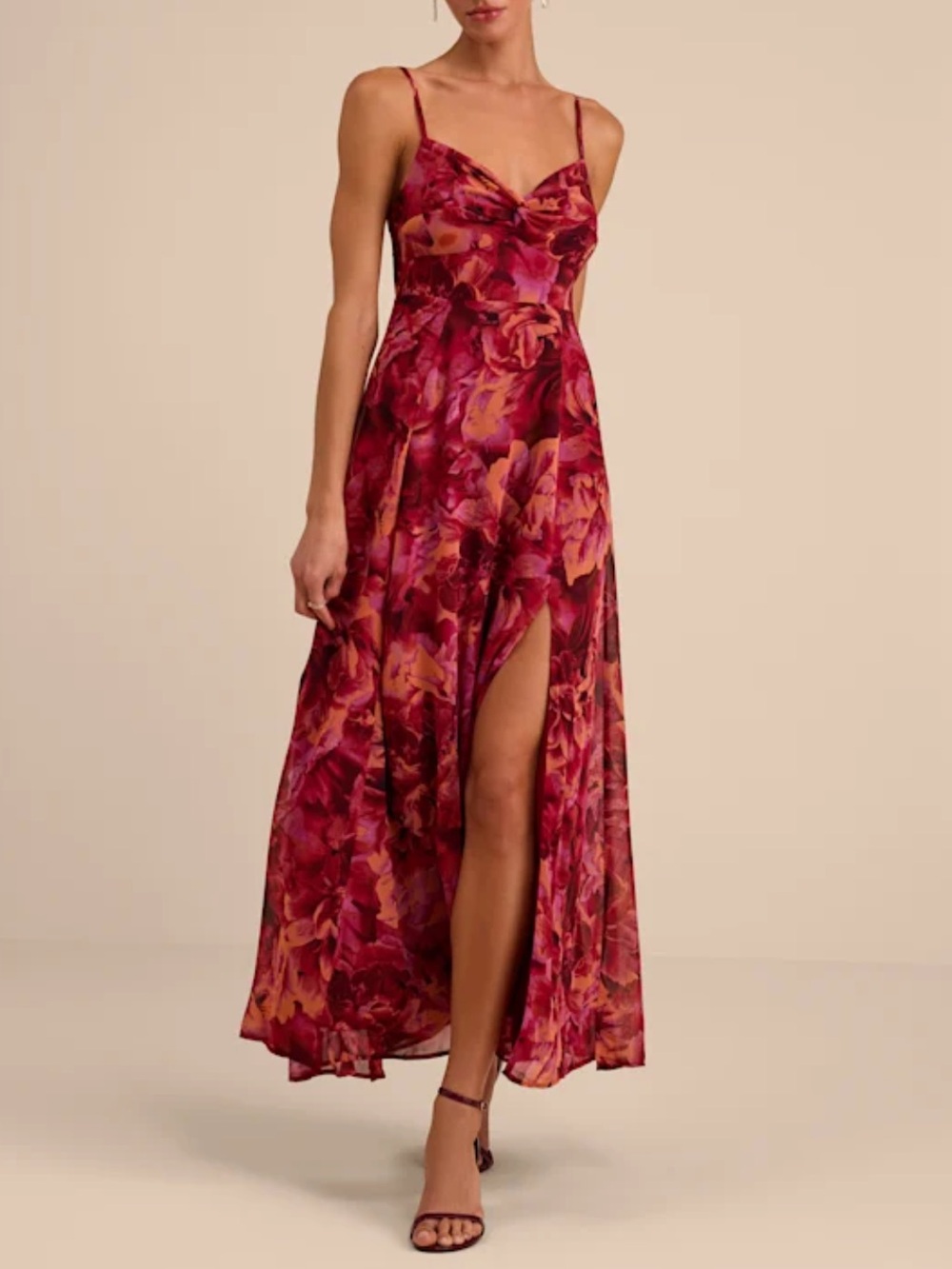 Lulus Beautiful Soul Burgundy Floral Print Twist-Front Maxi Dress